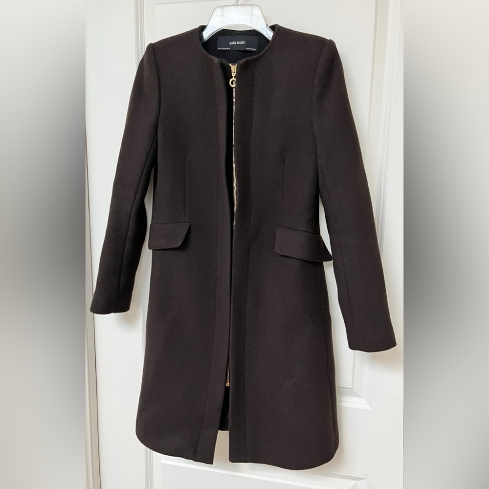 Zara Women’s Wool Coat Rich Chocolate Brown Gold Hardware Tailored Fit - XS